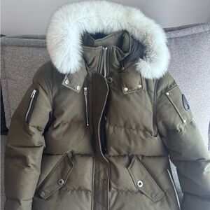 Moose Knuckles Khaki Puffer Jacket with Fur Hood